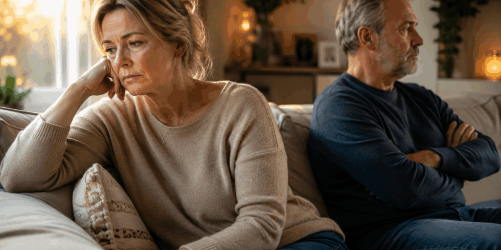 Stel met emotionele afstand op de bank terwijl de vrouw zich niet gehoord voelt en verlangt naar verbinding om relatieproblemen op te lossen.